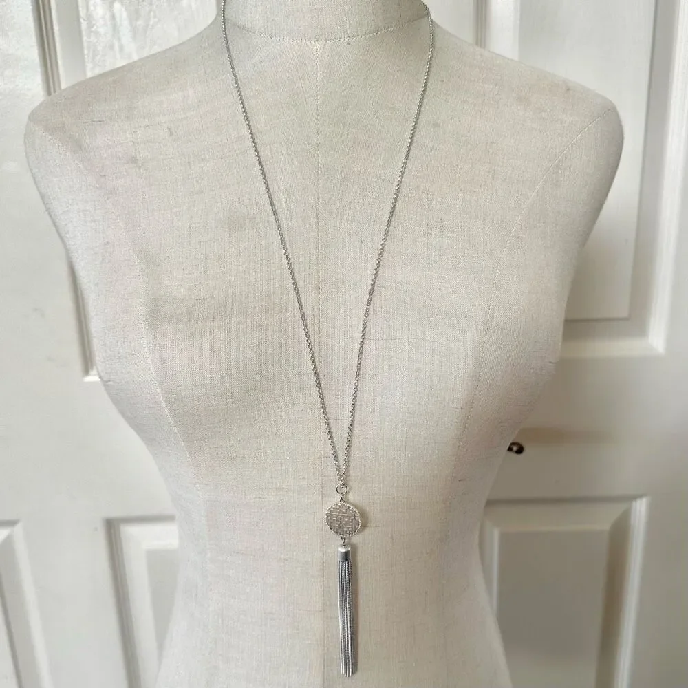 Silver tone long tassel necklace
